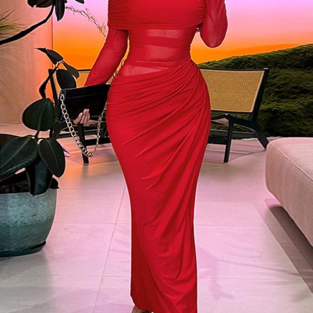 Women Mesh Maxi Dress Off Shoulder Long Sleeve Ruched Slit Formal - Picture 3 of 6